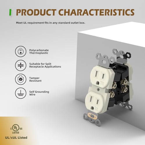 TOPELER 10 Pack Duplex Receptacle Outlets, Residential Grade Tamper-Resistant Electrical Wall Outlet, 15A 125V, 2 Pole 3 Wire, NEMA 5-15R, Self-Grounding, UL Listed, Light Almond