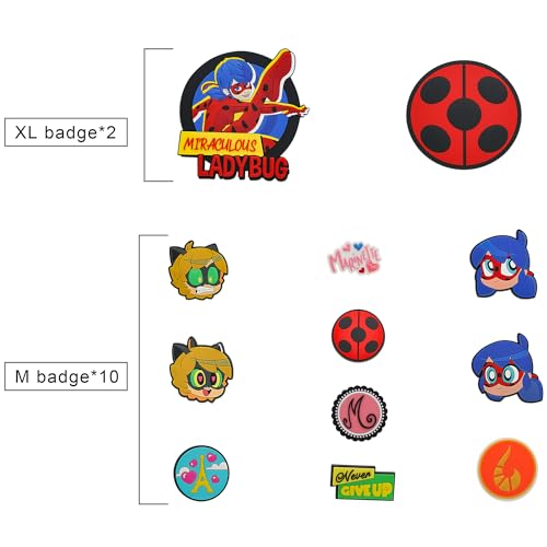 Miraculous Ladybug - Pop n' Swop 12 Assorted Ladybug and Cat Noir Badges, Collection 1, Regular and XXL Clip-on Badges, compatible with Pop n' Swop Purses, Shoulder Bag and Backpacks (Wyncor)