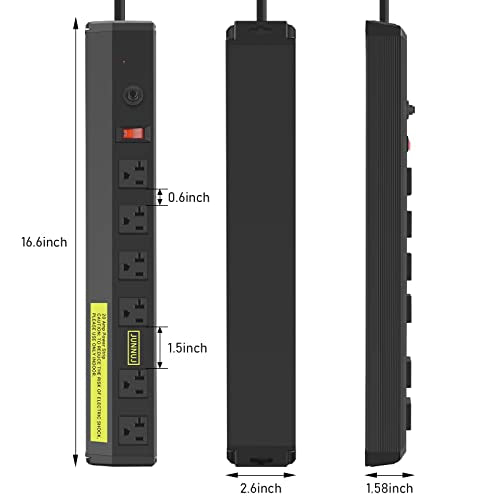 JUNNUJ Heavy Duty Metal Power Strip 20 Amp, High Amp Surge Protector 6 Outlet, 20A Power Strips Workshop Industrial Outlets Wide Spaced 6-20R T-Slot with Circuit Breaker, 12 Gauge Extension Cord 6ft