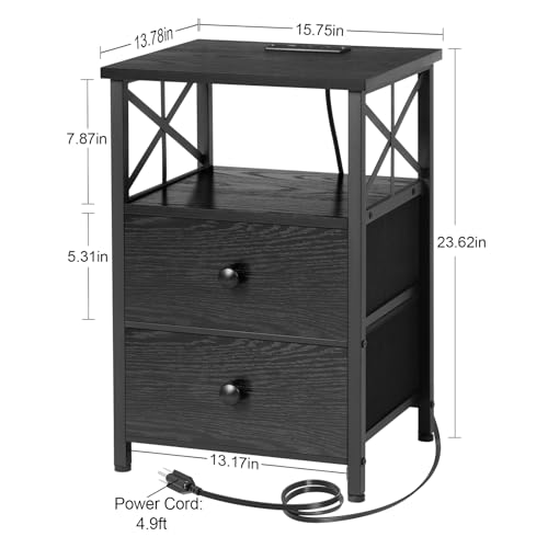 AMHANCIBLE Night Stand Set 2, Black Nightstand with Charging Station, End Tables Living Room with USB Ports and Outlets, Bedside Table with Fabric Drawers for Bedroom, HET05XBK