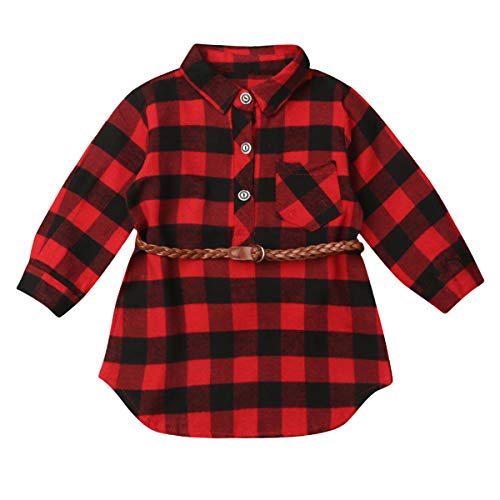 Kayotuas Toddler Kids Baby Girl Plaid Dress Smocked Ruffle Long Sleeve Botton Down Shirts Dresses Infant Christmas Outfits (Red Plaid Santa Embroidery, 4-5 Years)
