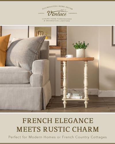 VONLUCE French Country End Table, 19'' Round Farmhouse Side Table, Distressed Wood Tray Top Rustic Accent Table for Living Room Bedroom, Small Space, Beige