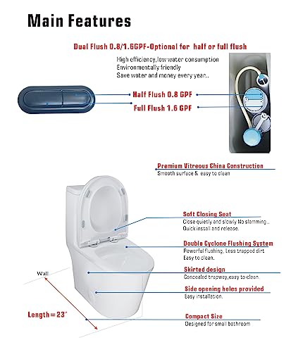 WinZo Small One Piece Toilet 23" Depth Modern Compact Short Design with Matte Black Button for Small Tiny Mini Bathroom 12" Rough-in,White (WZ5079WB)