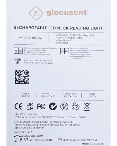 Glocusent Book Light, 3-Color & 6-Brightness Reading Light, Bendable Neck Light, 80-hr Lasting Rechargeable Lamp, Perfect Book Light for Reading in Bed, Knitting, Camping, Repairing, Book Lovers Gifts