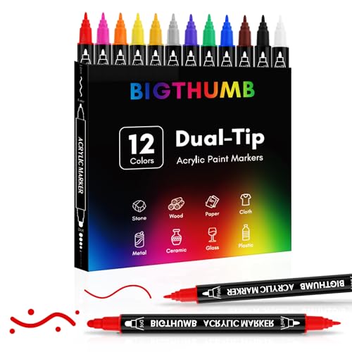 BIGTHUMB 12 Colors Acrylic Paint Pens, Dual Tip Acrylic Paint Markers with Fine Tip and Dot Tip, Paint Markers for Painting Rock, Wood, Canvas, Glass, Ceramic, DIY Crafts Making Art Supplies