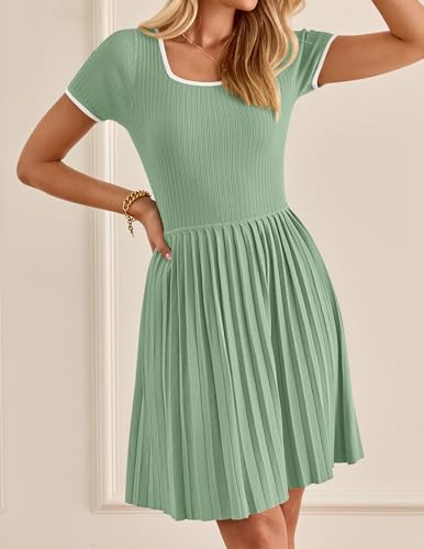 ZESICA Women's Ribbed Square Neck Color Block Pleated Mini Dress 2024 Short Sleeve A Line Knit Short Dresses Almond S
