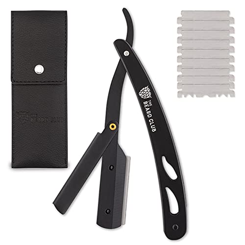 The Beard Club Straight Razor for Men - Navajas Para Barbero - Barber Straight Edge Razor Kit - Premium Single Derby Blade Cutthroat Razor With 10 Replaceable Stainless Steel Blades & Leather Case