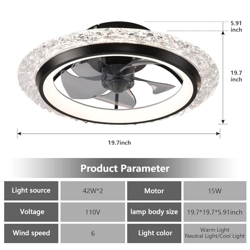 KINDLOV Ceiling Fans with Lights,Flush Mount Ceiling Fan with LED Light, Remote Control, and Six-Speed Wind Adjustment,Modern Ceiling Fan with Light for Bedroom,Kitchen,Living Room,Black