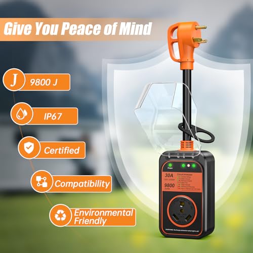 MILLIONHOME RV Surge Protector 30 Amp Waterproof, 9800 J Upgraded RV Power Surge Protector with Safety Certification, RV Adapter Plug for Camper, Circuit Analyzer for Travel Trailers(Orange)