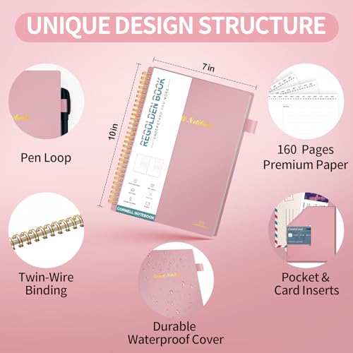 Regolden-Book Cornell Notes Notebook, Study Note Taking System, Spiral Notebooks, Subject College Ruled Notebook Steno Pads for Office School College Home (7x10)