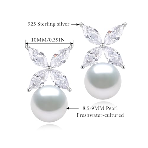 BAMIKI Pearl Earrings for Women, Aurora Borealis Crystal Earrings, Four Leaf Clover Zircon with 925 Sterling Silver Stud Earrings, Horse-Eye Gemstone Freshwater 8-8.5MM Cultured Pearls Fashion Jewelry
