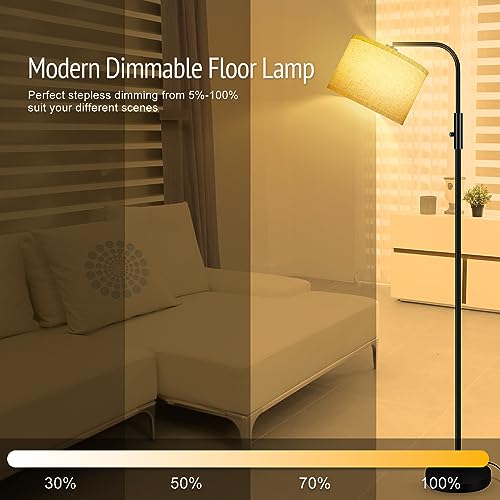 Dimmable Floor Lamp,Modern Standing Lamp with LED Bulb(1000LM,2700K),White Adjustable Lamp Shade,Rotary Switch,66.5 Inch Tall Arc Stepless Dimmable Floor Lamps for Living Room Bedroom Office Study