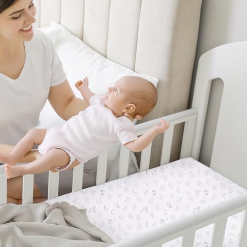 Pack and Play Sheets Fitted, 2-Pack Mini Crib Sheets - Pack N Play Sheets, Organic Fitted Crib Sheet for Pack and Play Mattress, Playard Baby Crib Sheets, Crib Sheets Neutral for Boys, Girls (Abc Land))