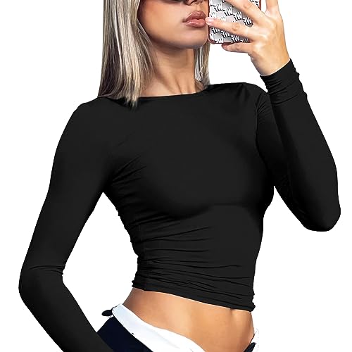 SUPOMAX Basic Long Sleeve Tops for Women Slim Fit Crew Neck Going Out Shirts Trendy Streetwear (US, Alpha, X-Small, Regular, Regular, Black)