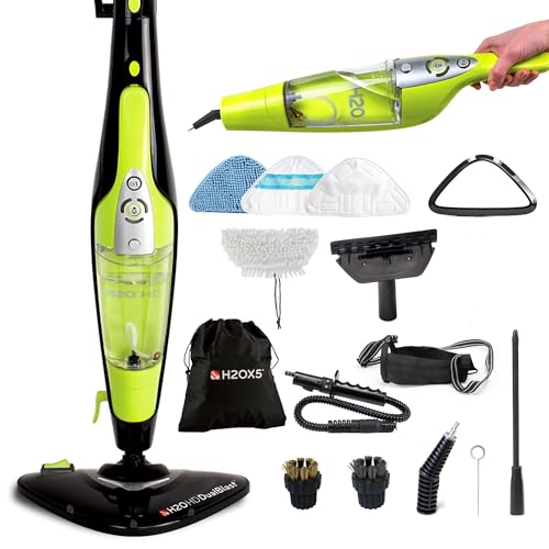 H2O HD Dual Buff Steam Mop, 8 in 1 Handheld Steam Cleaner For Kitchen Tile Floors, Hardwood Floors, Grout Cleaner, Upholstery Cleaner and Carpets, 2 washable scrub pads, 8 cleaning accessories