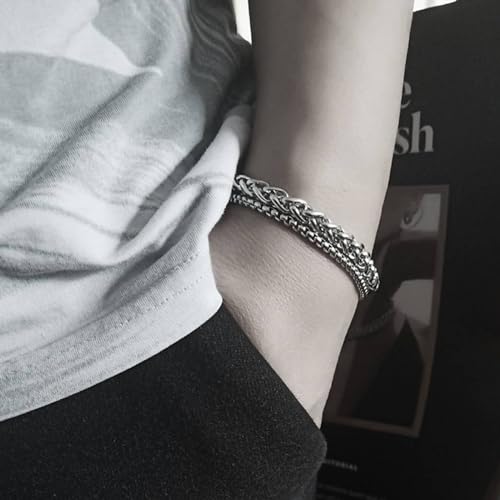 SMGFUNE Mens Bracelet, Keel Chain and Square Pearl Chain Double Layer Bracelets 6mm/3mm Cuban Bracelets for Men 7 Inches Mens Bracelet Chain Men Jewelry Men Gifts