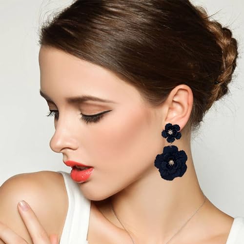 Just Follow Large Double Flower Earrings Candy Color Metal Flower Dangle Earrings Romantic Boho Sweet Flower Statement Earrings for Women Girl Wedding Party Jewelry (Black)