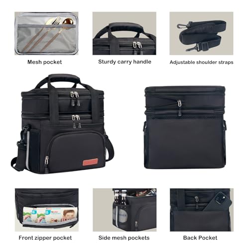 JOINGO Lunch Box For Men/Women,Large Double-layer Insulated Expandable Reusable Leakproof Cooler Bags For Adults,Lunch Box With Adjustable Shoulder Strap For Office Travel Picnic(Black)