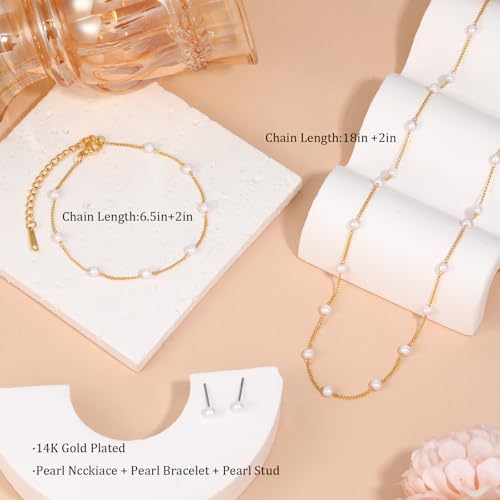 KesaPlan Gold Jewelry Set for Women Pearl Necklace and Earring Set 14K Gold Pearl Stud Earrings Adjustable Pearl Bracelets Pearl Choker Necklace Wedding Jewelry for Women