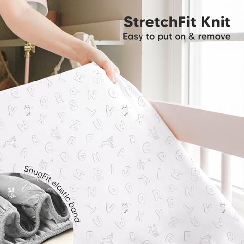 Pack and Play Sheets Fitted, 2-Pack Mini Crib Sheets - Pack N Play Sheets, Organic Fitted Crib Sheet for Pack and Play Mattress, Playard Baby Crib Sheets, Crib Sheets Neutral for Boys, Girls (Abc Land))