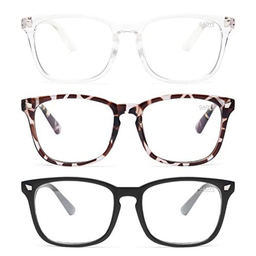 Gaoye Blue Light Blocking Glasses - 3 Pack Fashion Square Fake Eyeglasses, Anti UV Ray Computer Gaming Blue Blockers Glasses for Women/Men (Matte Black+Leopard+Grey)