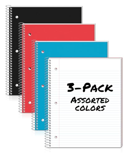 Dunwell College Ruled Spiral Notebook, (3-Pack, Red, Blue, Black) 1 Subject Notebooks 8.5 x 11 With Plastic Covers & Poly Pocket Dividers, 100 Sheets per Book, Perforated Paper, Notebooks One Subject