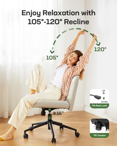 Marsail Cross Legged Office Chair: PU Leather Criss Cross Desk Chair Wide Armless Desk Chair Swivel Height Adjustable Vanity Chair for Make Up,Small Space,Bed Room(Light Beige)