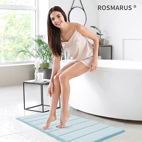 ROSMARUS Memory Foam Bath Mat 17' x 24', Water Absorbent Shower Mat, Thick Non Slip Bath Rugs with PVC Backing, Ultra Soft Bathroom Rugs for Floor & Tub, Aqua Blue