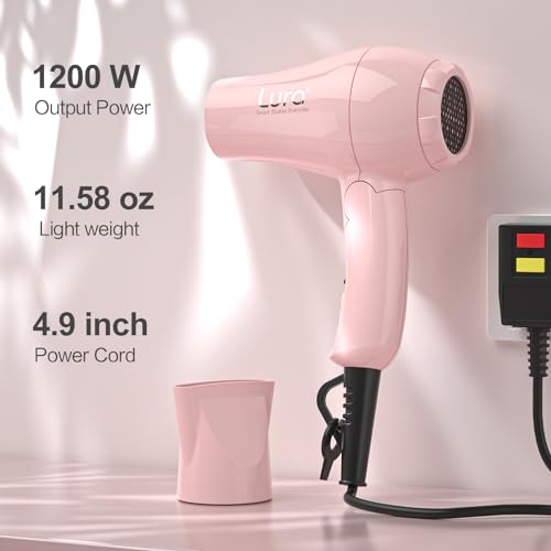 Foldable Travel Hair Dreyr Mini:Dual Voltage Lightweight Blow Dryer with Pouch,1200w Compact Pink Small Hair Dryer for Acrylic Paint Pouring(Light Pink)