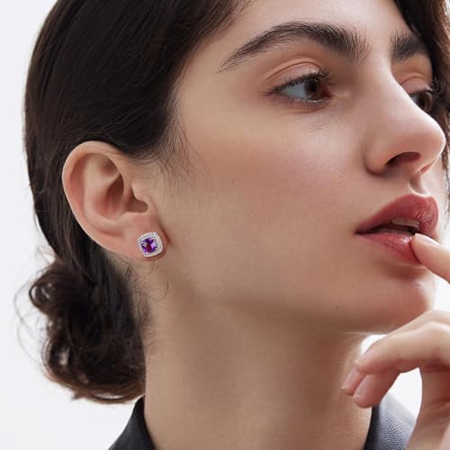 RANDES July Birthstone Earrings 925 Sterling Silver Ruby Earrings Square Created Red Stone Dainty Halo Birthstone Stud Earrings