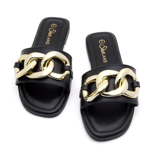 Shoe Land Women's Flat Sandals - Square Open Toe Single Band Fashion Slides with Metal Chain Dressy 2025 Trendy | Comfortable Slippers with Cushioned Footbed for Summer, Black, Size 6.0, Emma