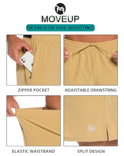 MOVEUP Shorts Athletic Loose Fit Zipper Jogging Shorts Gym Exercise Shorts Active Gym Training Sport Lightweight Shorts Khaki Small