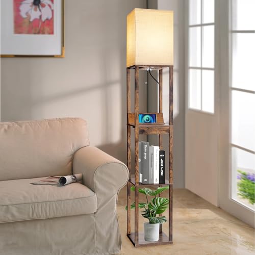RUNTOP 3-Shelf Floor Lamp with LED Bulbs - Modern Standing Display Shelf Lamp for Living Room, Bedroom and Office (Black)