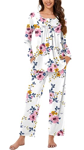 Bestbee Womens Pajama Set, 2 Piece Lounge Outfits Pleated Sleepwear Sets Long Sleeve With Pockets Ladies Pjs, M, Sailboat-Blue