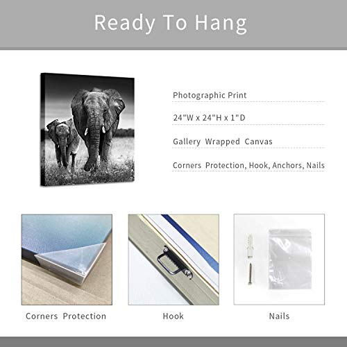 ARTISTIC PATH Wall Art Painting Wildlife Picture: Love of the Elephant Mama and Baby Print on Canvas for Bedroom (24" W x 24" H,Multi-Sized)