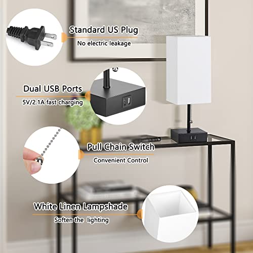 GGOYING Pull Chain Table Lamp, Bedside Lamps with 2 USB Charging Ports, 2700K LED Bulb, White Linen Lampshade for Living Room, Dorm, Office, Home