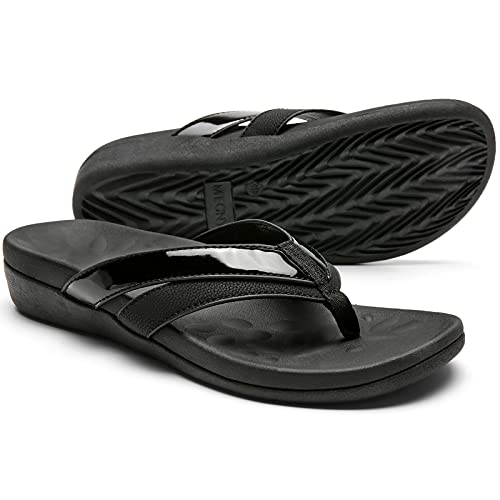 Sounity Ladide Arch Support Open Toe Sandals for House, Summer Dress Flip FLops with Cushion Memory Foam, Comfortable Walking Sandals for Plantar Fasciitis Flat Feet Pain Black Size6
