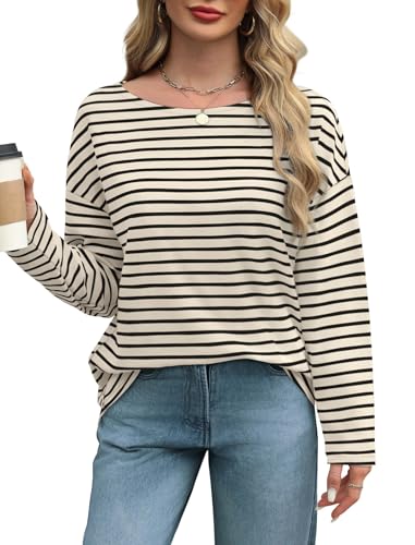 OFEEFAN Long Sleeve Shirts for Women 2024 Boat Neck Striped Shirt Womens Long Sleeve Tops Loose Womens Tunic Tops Apricot Green Stripe L