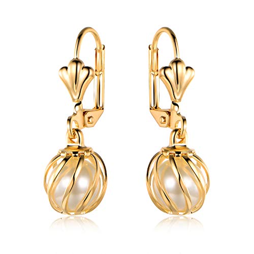 Barzel 18K Gold Plated Pearl Drop Earrings Caged (ER308)