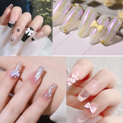 300Pcs Variety Bows Charms for Nails Colorful Pink White Bow Cute Nail Charms Mixed Resin Rhinestones Gold Silver Balls Pearls Bow Nail Gems Charms for Manicure DIY Crafts Accessories