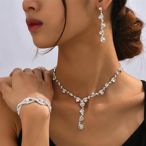 Dcfywl731 Silver Bridal Wedding Jewelry Set Rhinestone Necklace Earrings Bracelet Sets Prom Jewelry Sets Formal Costume Jewelry Accessories for Women and Brides