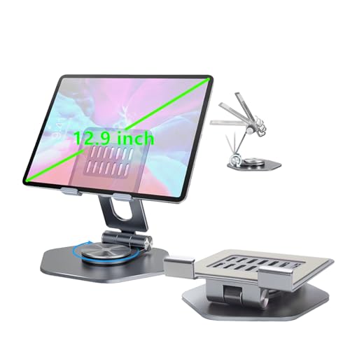 PHEVOS Foldable Desk Stand for Phone & Tablet, 360° Rotation Adjustable Portable Aluminum Metal Phone Holder,Compatible with All Phone, Portable Monitor, Samsung,iPad Tablet(4-13 in Grey)