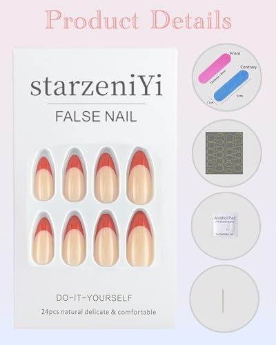 StarzeniYi French Tip Press on Nails, Almond Press on Nails Medium, Reusable Artificial Fake Nails, Full Cover False Nails for Women(Black)