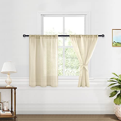 XWZO Faux Linen Semi Sheer Curtains 54 Inch for Living Room - Soft Privacy Enhancing & Light Filtering Window Curtains for Bedroom/Small Windows, Beige, 52 x 54 Inch Length, Set of 2 Panels