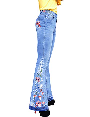 Women's Flared Fit Jeans Bell Bottom Denim Pants with Contrast Wash Hem Detail (Embroidered Blue, 4)