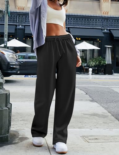 HeSaYep Sweatpants Women Baggy Wide Leg Sweatpants Straight Leg Trousers Drawstring Elastic Waist Joggers Low Rise Active Sweat Pants Black XS