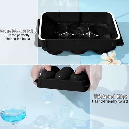 WIBIMEN Large Ice Cube Tray, 2IN Whiskey Ice Mold, 2 Pack Sphere Ice Cube Mold with Bin & Tong, Leak-free Round Ice Cube Mold, Easy Fill & Release Ice Ball Maker for Whiskey Cocktails Bourbon(Black)