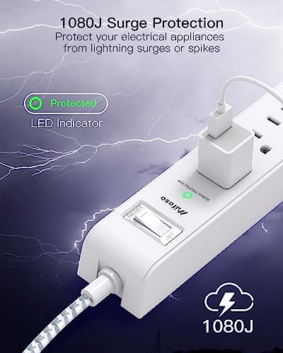 2 Pack Power Strip Surge Protector - 6 Outlets 4 USB Charging Ports, 5Ft Braided Extension Cord, Flat Plug, Overload Protection, Wall Mount for Home Office, Dorm Room Essentials