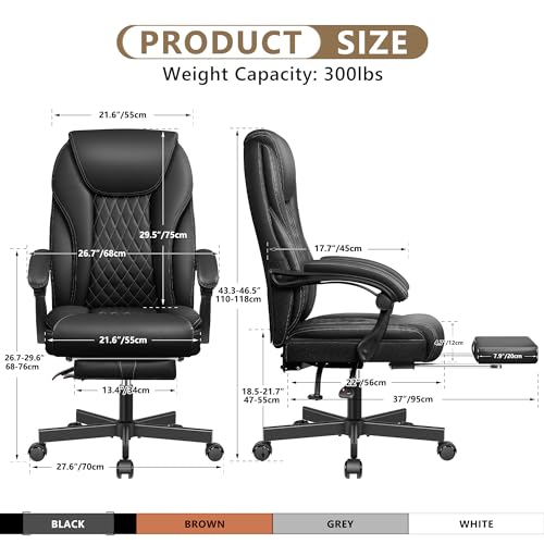 BestEra Executive Office Chair Big and Tall Home Office Chair, High Back Ergonomic Leather Chair with Footrest, Adjustable Height Computer Desk Chair with Wheels, Lumbar Support (Black)