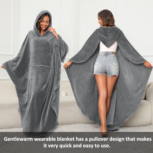 Gentlewarm Travel Blanket Flannel Foldable Wearable Blanket with Hood Giant Zippered Pocket Super Soft Cozy for Couch Lovers One Size Fits All Woman Man